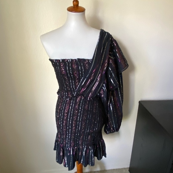 Farm Rio Women’s Lurex Stripes Mini Dress Black Size S Smocked One Sleeve Mini - Picture 2 of 11